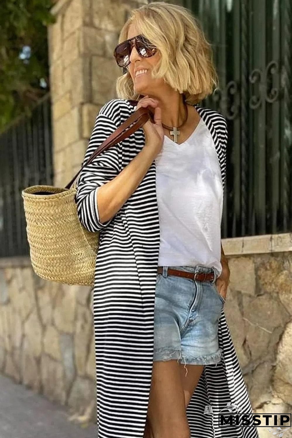 Stripe Open Front Long Cardigan