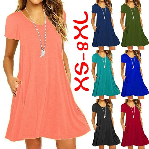 Plus Size Women's Fashion Spring Summer Tunic Dresses Casual Short Sleeve Slim Fit Beach Wear Ruffles Party Dresses with Pockets Deep V-neck Loose Solid Color Pleated Cotton Mini Dress - Life is Beautiful for You - SheChoic