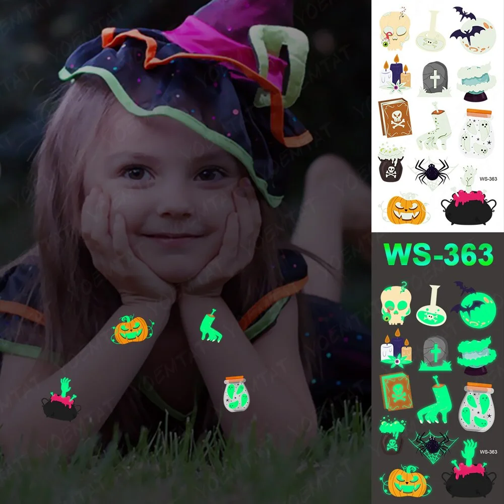 Halloween Party Cartoon Magic book witch Luminous night Tattoo Stickers Elf Ghost Temporary Waterproof Glitter Body Art For Kid