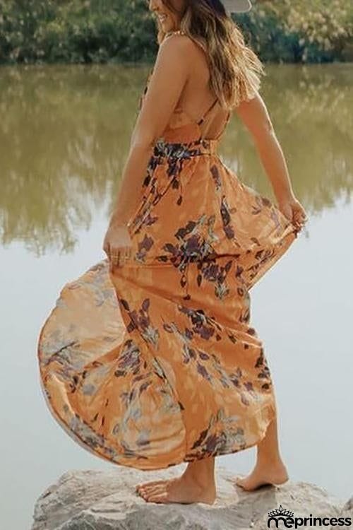 V Neck Backless Slip Maxi Dress