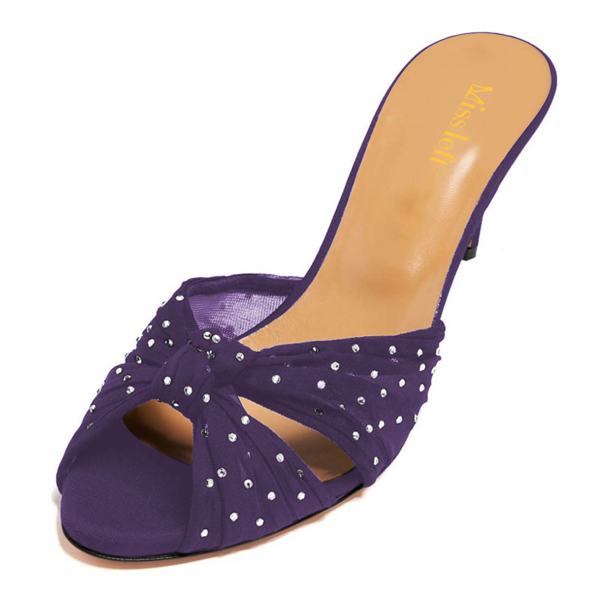 Purple Mesh Rhinestone Peep Toe Knot Stiletto Heel Mules for Women Nicepairs