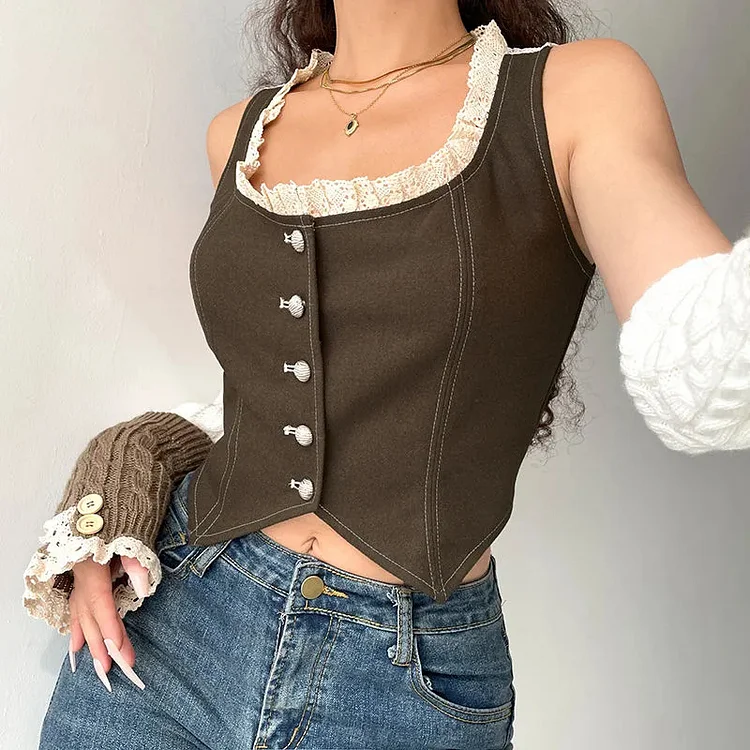 Dubeyi Harajuku Sleeveless Women Camis Summer New Button Up Sexy Lace Stitching Backless Slim Tops Vintage Fashion Casual Tanks