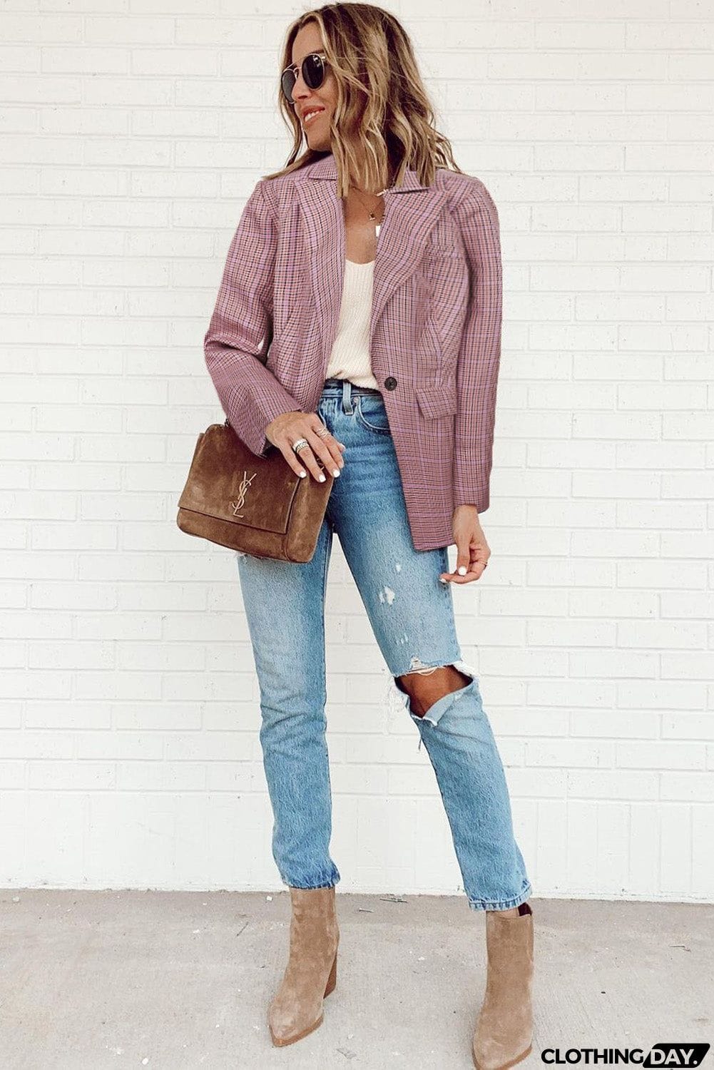 Plaid Print Lapel Collar Buttoned Blazer