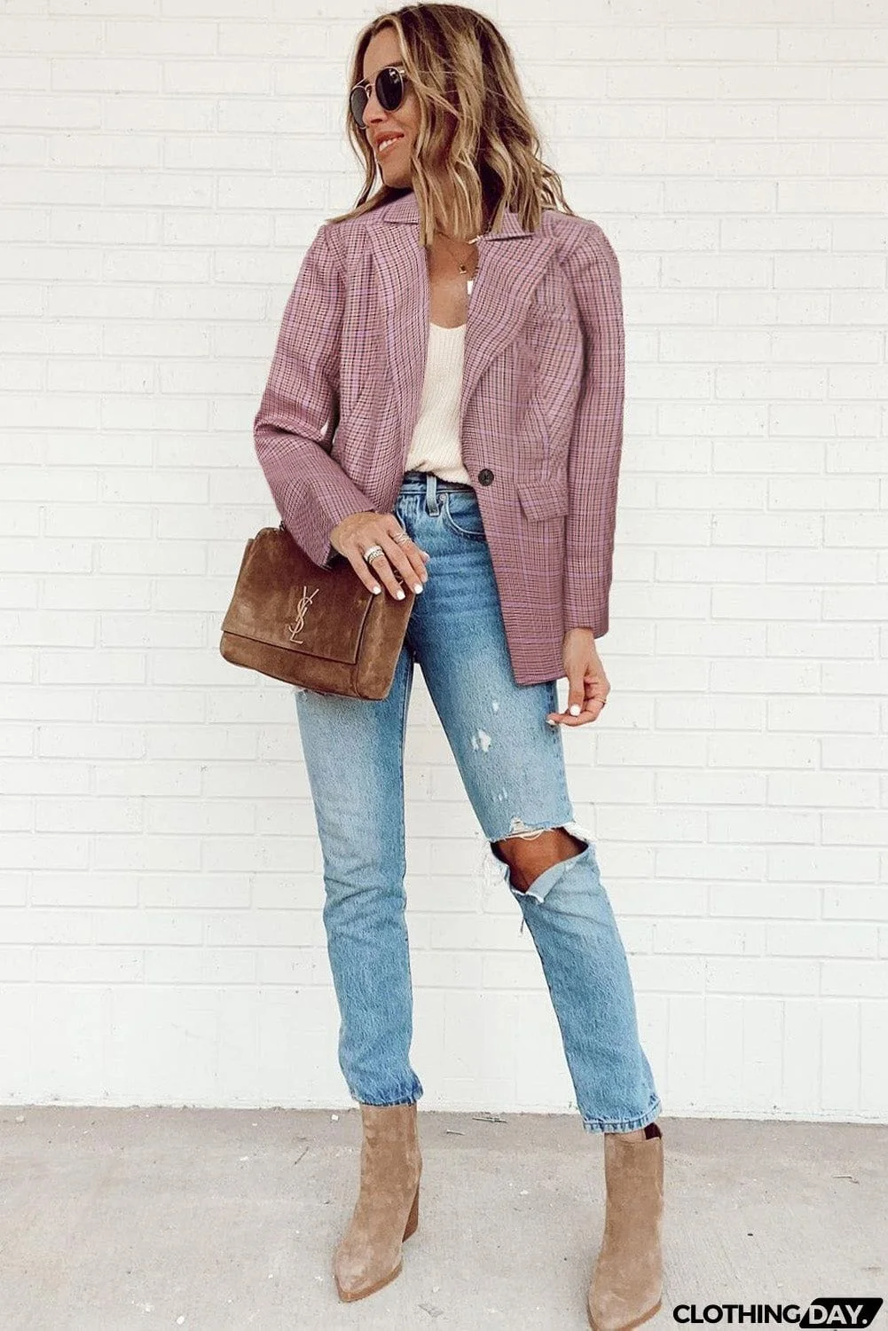 Plaid Print Lapel Collar Buttoned Blazer