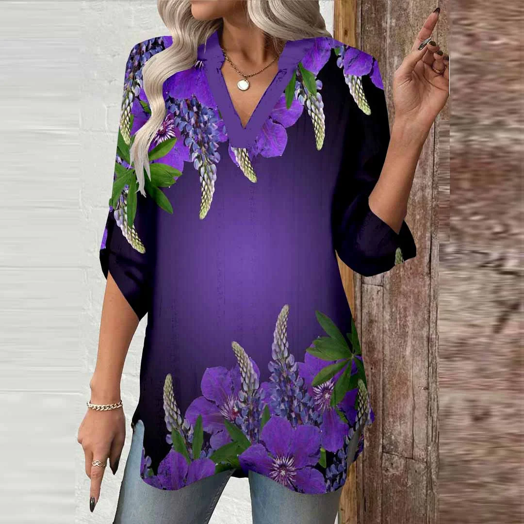 Women Floral, Purple DZGA0748 3/4 Sleeve V-neck Printed Graphic Button Tops