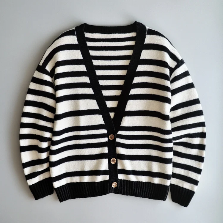 Ursime Deep V Neck Three Button Striped Wool Cardigan