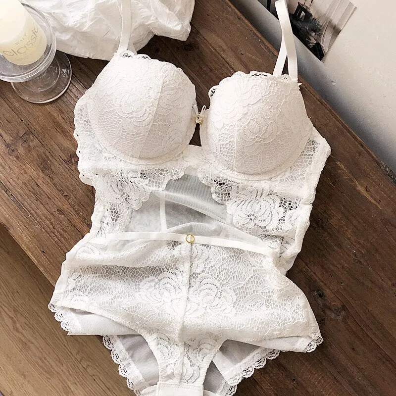 Sexy strappy design one-piece bra set see-through mesh steel ring gathered body shaping underwear embroidery lace lingerie