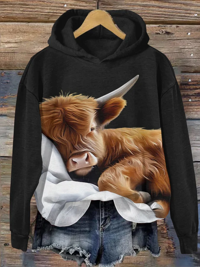 Cute Sleeping Highland Cow Printed Casual Hoodie
