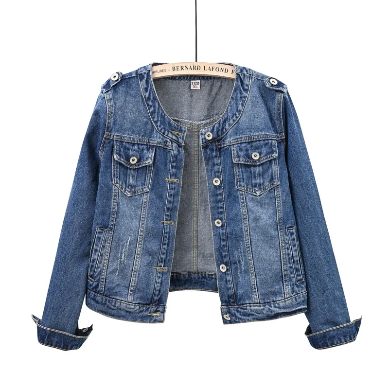 Women's Round Neck Casual Short Denim Jacket