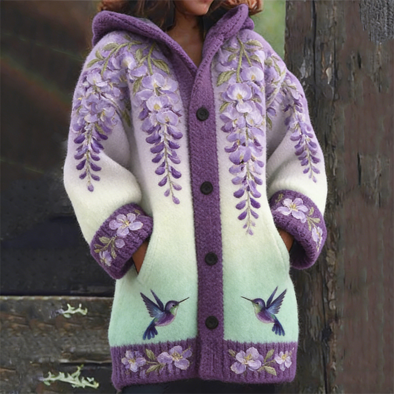 Humming Birds Wisteria Floral Gradient Cozy Knit Hooded Cardigan wearshes
