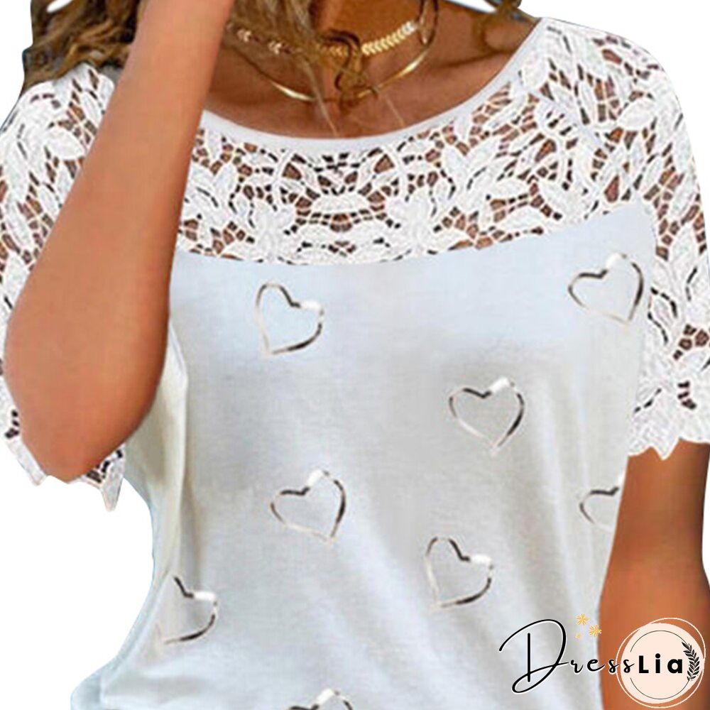 Women Heart Print Lace Patchwork Tops Short Sleeve Blouses Round Neck Summer Ladies Shirts Elegant Female Streetwear Blusa D30