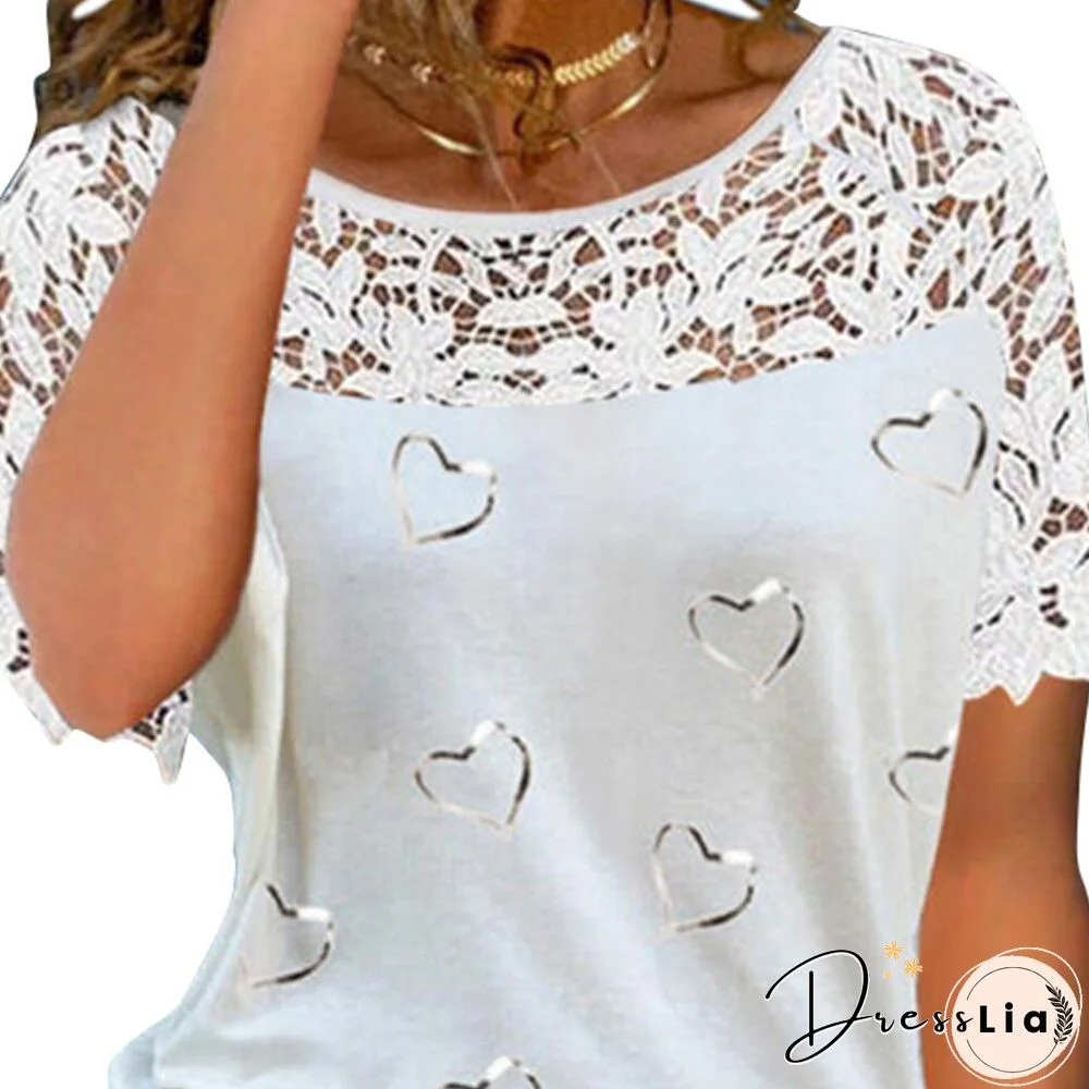 Women Heart Print Lace Patchwork Tops Short Sleeve Blouses Round Neck Summer Ladies Shirts Elegant Female Streetwear Blusa D30