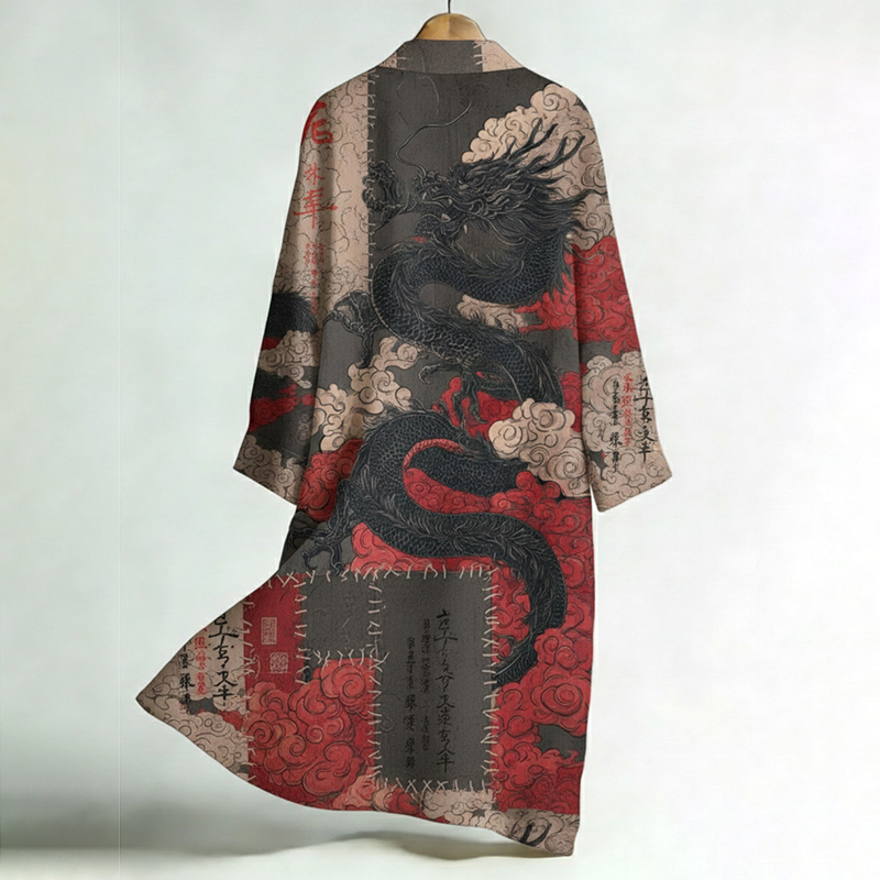 Men's Retro Japanese Dragon And Cloud Pattern Print Linen Long Kimono  artssus