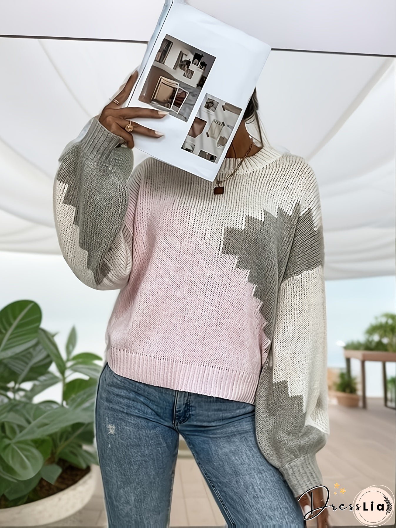 Color Block Crew Neck Sweater, Casual Long Sleeve Drop Shoulder Sweater, Women's Clothing