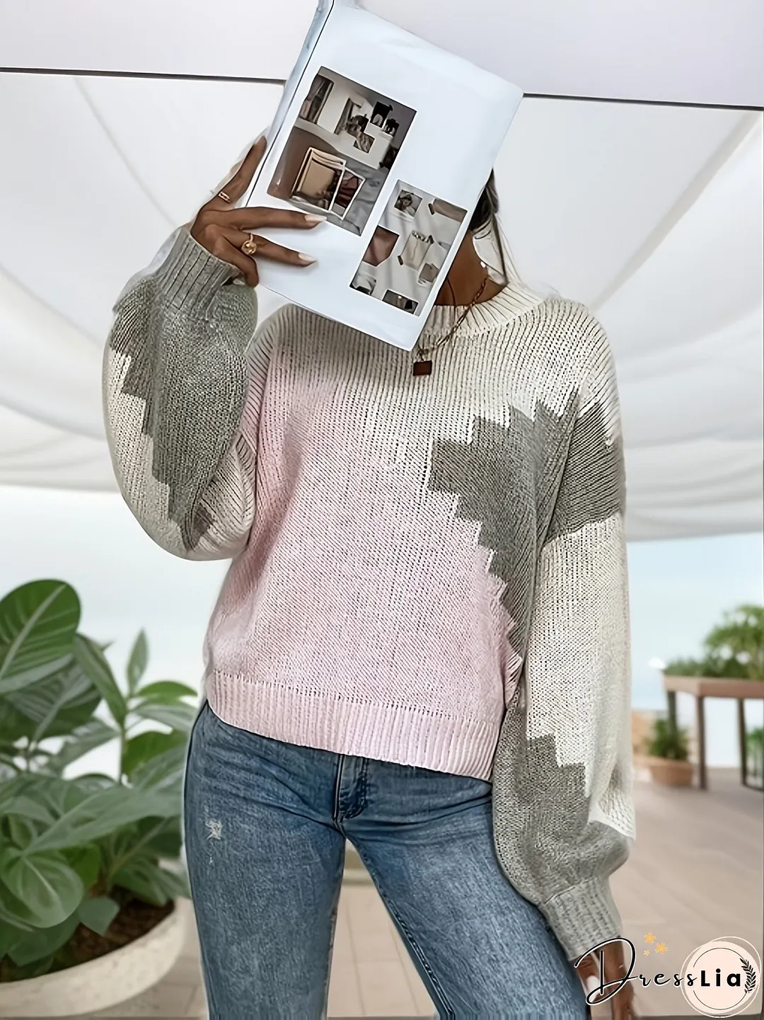Color Block Crew Neck Sweater, Casual Long Sleeve Drop Shoulder Sweater, Women's Clothing