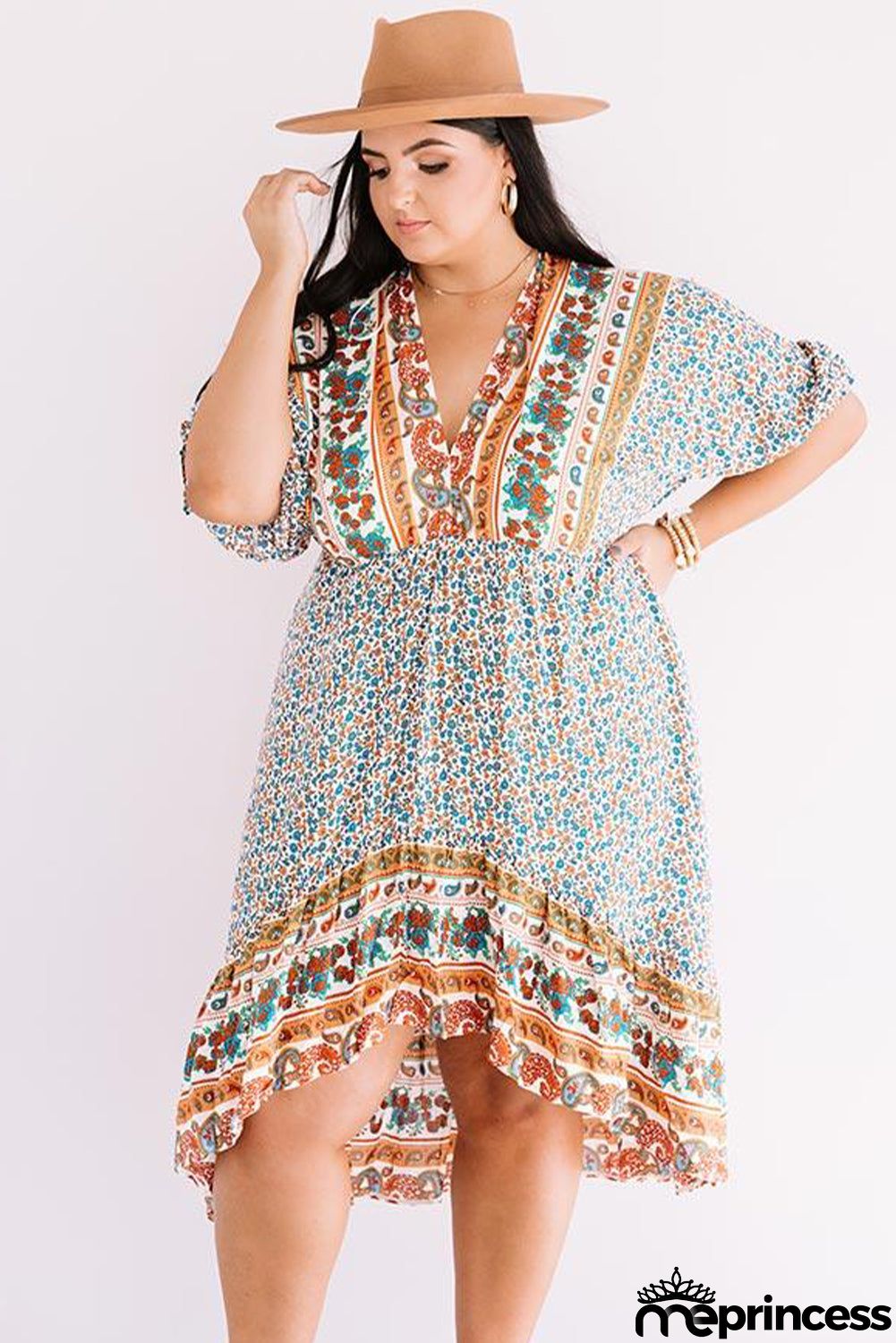 Plus Size Bohemian Floral Print Puff Sleeve Ruffle Dress