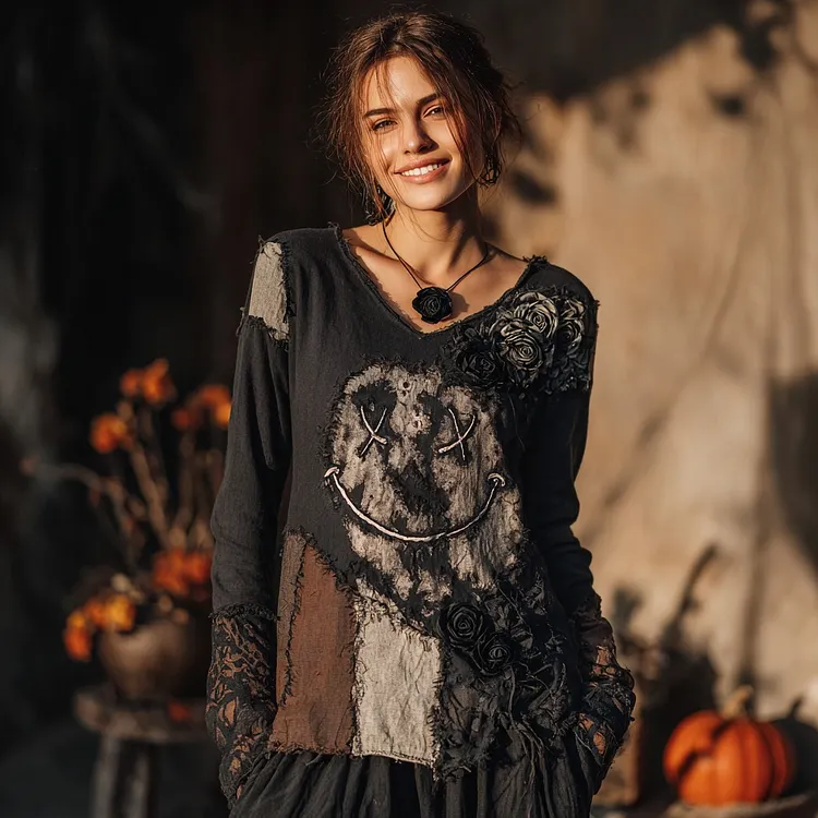 Women's Halloween Smiley Face And Rose Pattern V-neck T-shirt