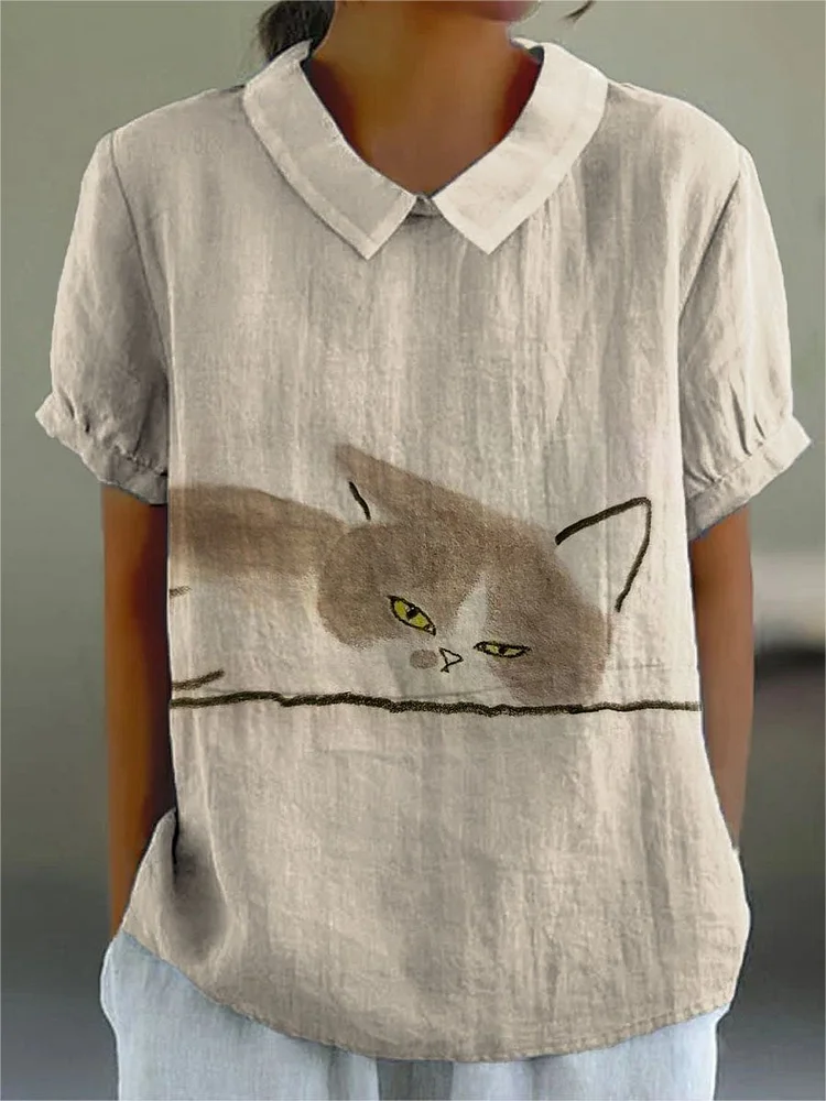 Women's Cute Cat Art Print Casual Cotton And Linen Shirt