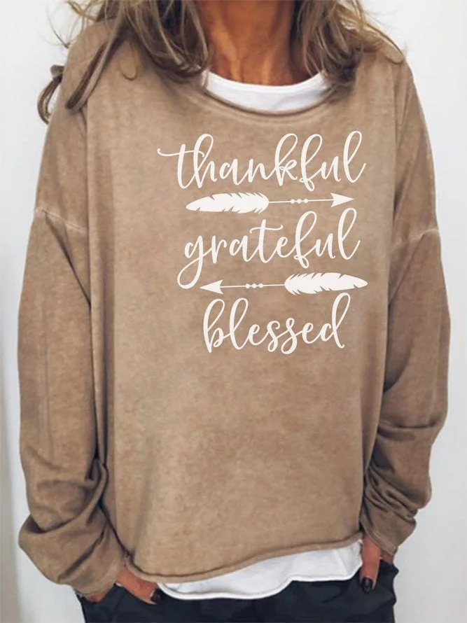 Long Sleeve Crew Neck Thankful Grateful Blessed Casual Sweatshirt