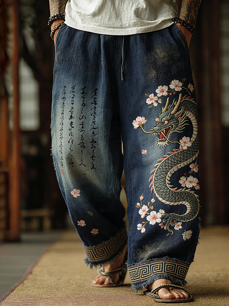 Japanese-style Dragon And Cherry Blossom Vintage Cotton-linen Pants elevenforest