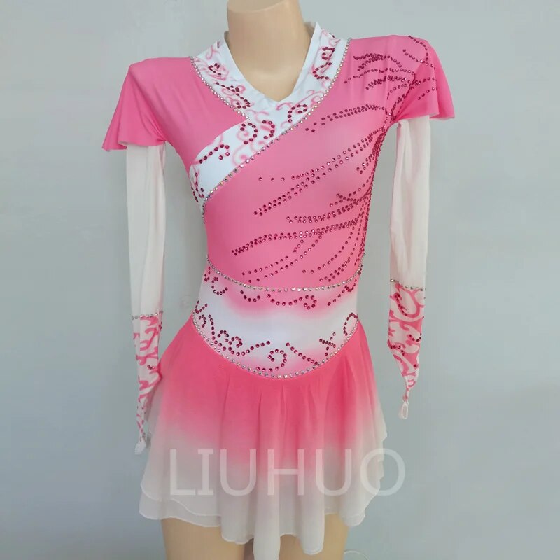 Slim Figure Skating Dress Long Sleeve Pink Gradient Full Drill Show Competition Girl