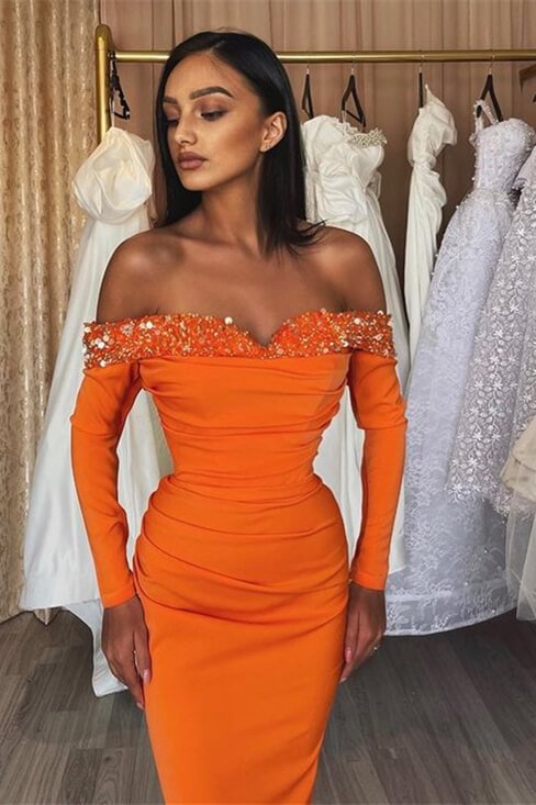 Chic Orange Mermaid Long Sleeves Strapless Prom Dress With Sequins Off-The-Shoulder | Ballbellas Ballbellas