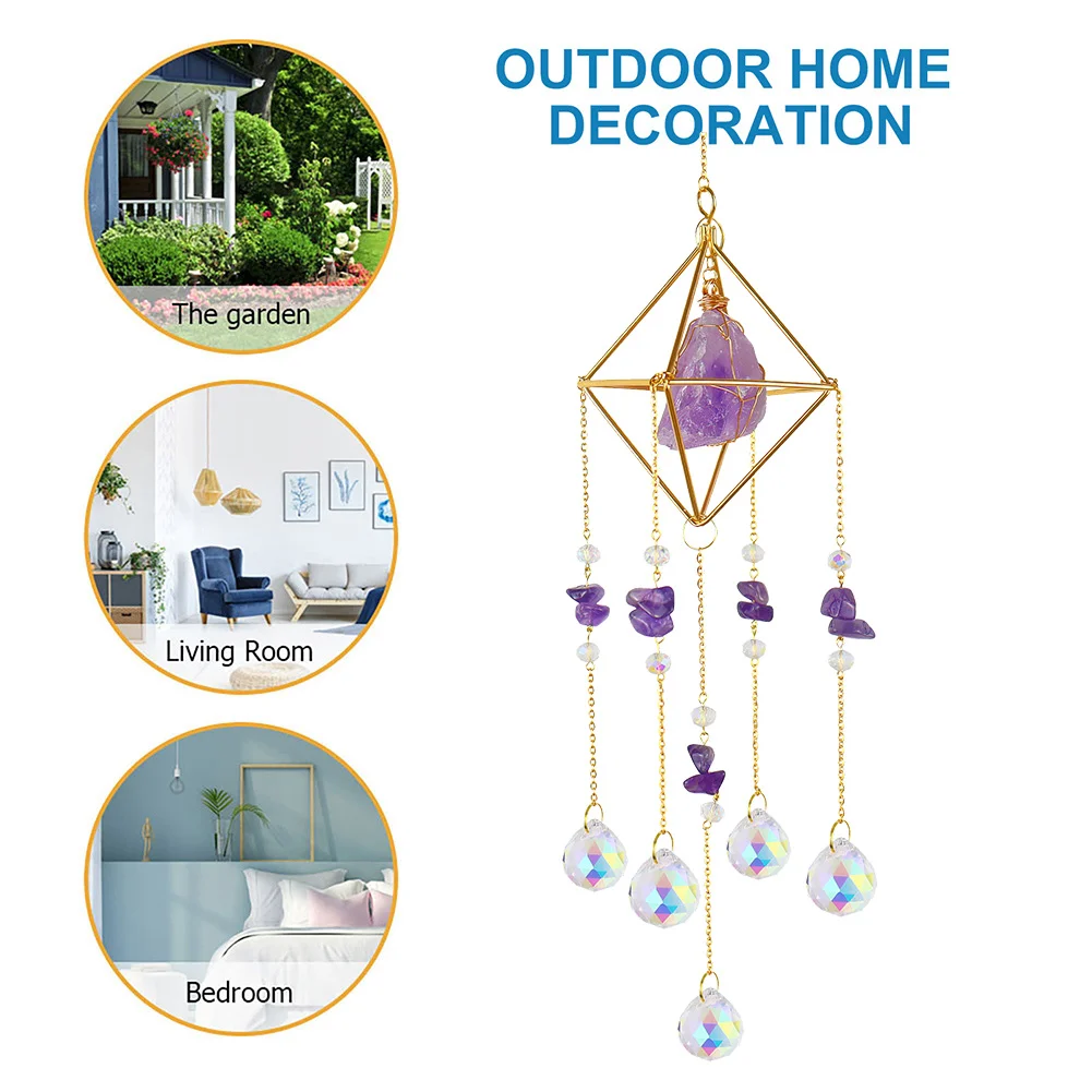 Crystal Wind Chimes Natural Stone Prism Light Catcher Garden Decor (Purple)