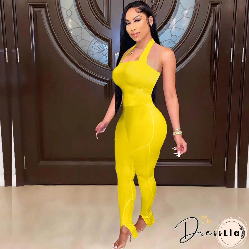 Women Solid Color Sportswear Sleeveless Halter Bodycon Jumpsuits