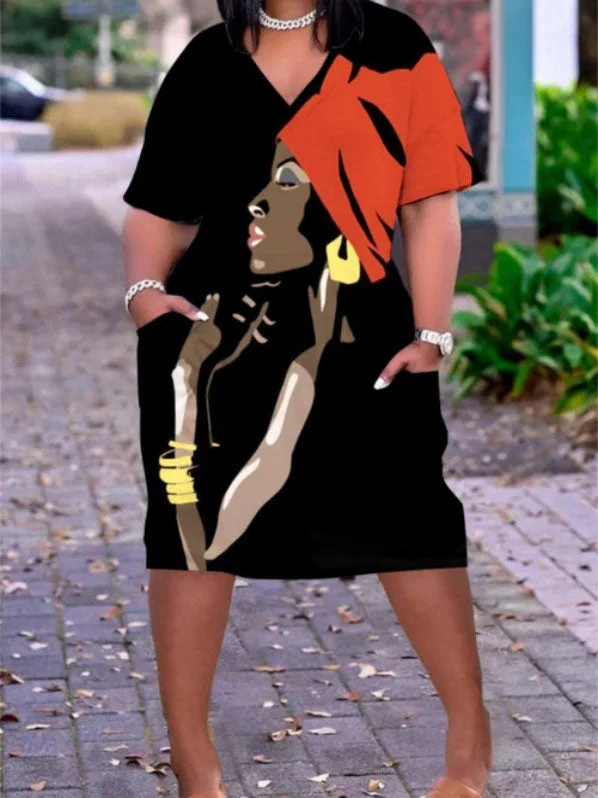 Plus Size V-Neck Short Sleeve Cute Black Girl Print Midi Dress