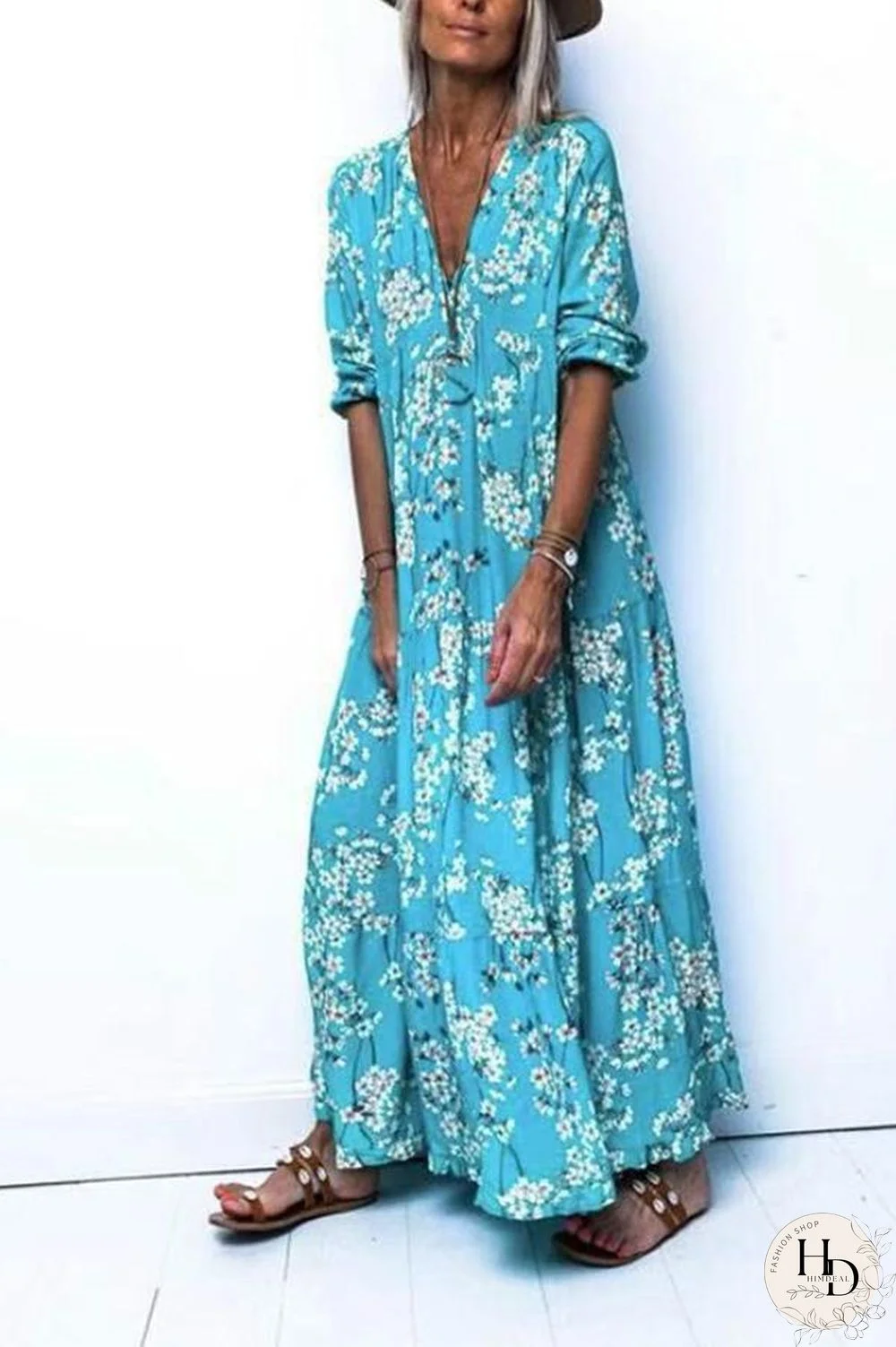 Casual V-Neck Print Boho Maxi Dress P10663