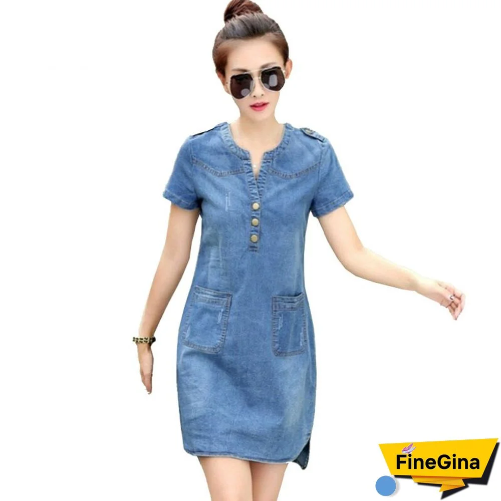 New Arrival Summer Women Denim Dresses Short Sleeves Loose A Word Dresses Plus Sizes V-neck Solid Denim Dresses