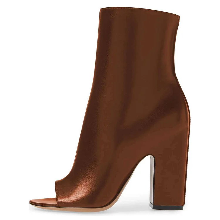 Luxurious Brown Leather Open-Toe Ankle Boots with Block Heel Vdcoo