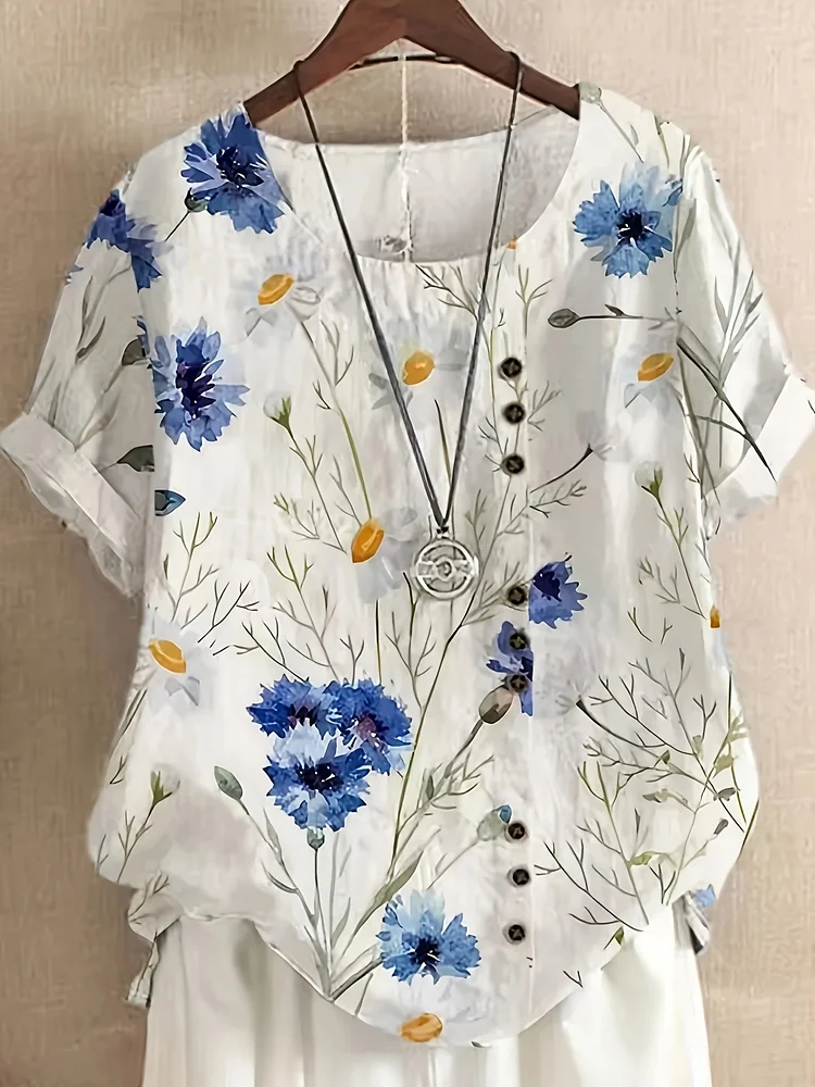 Women's 2025 Summer Retro Floral Print Loose Casual Shirt Top - Lightweight Breathable Short Sleeve Beachwear With Blue Floral Pattern, Machine Washable For Vacation & Casual Attire, Beach Clothes, Holiday Fashion, Vintage Style, Easy Care