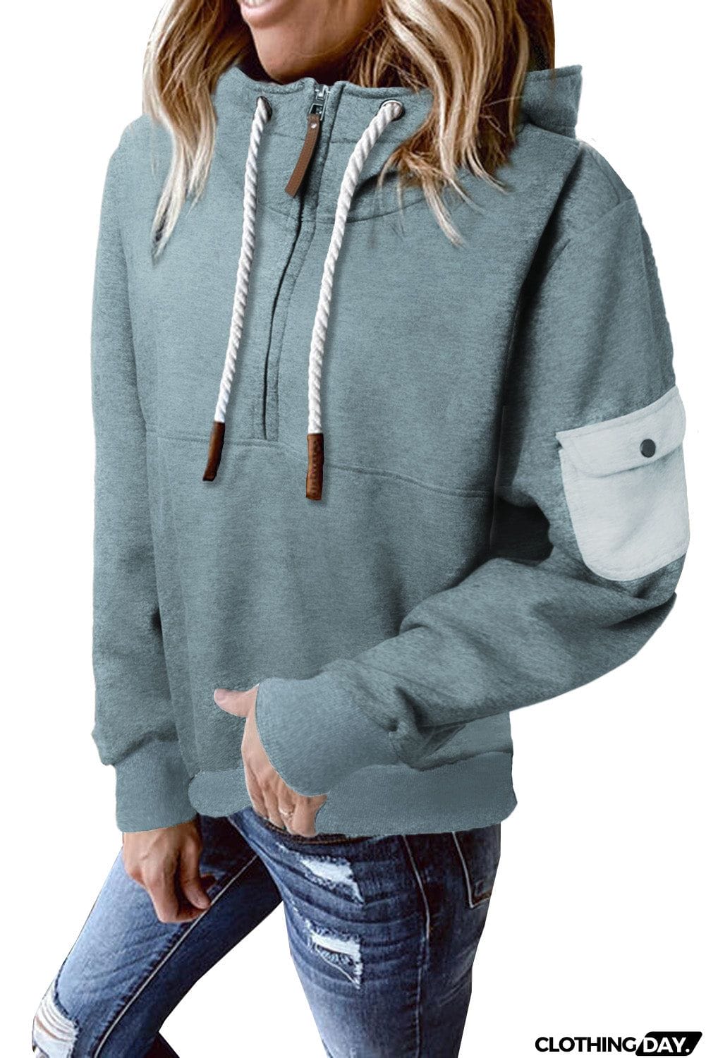 Half Zip Colorblock Pocket Patchwork Long Sleeve Hoodie