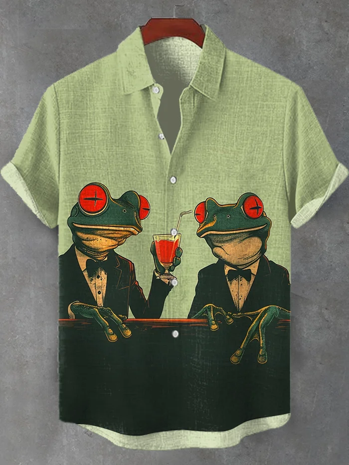 Men's Vintage Chilling Frog Gentleman Drinking Art Print Linen Blend Shirt