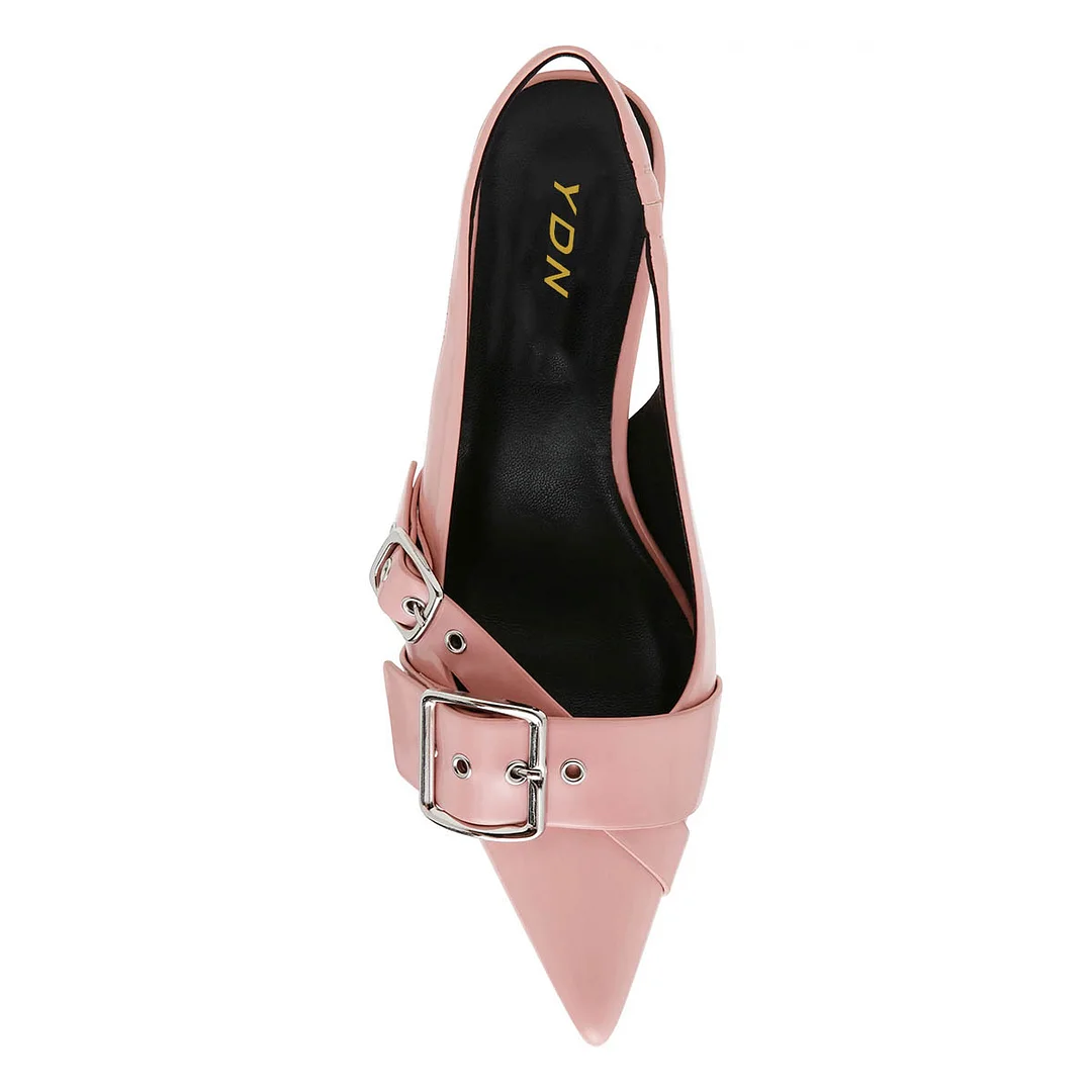 Buckle Strap Pointed Toe Kitten Heel Pink Pumps with Slingback