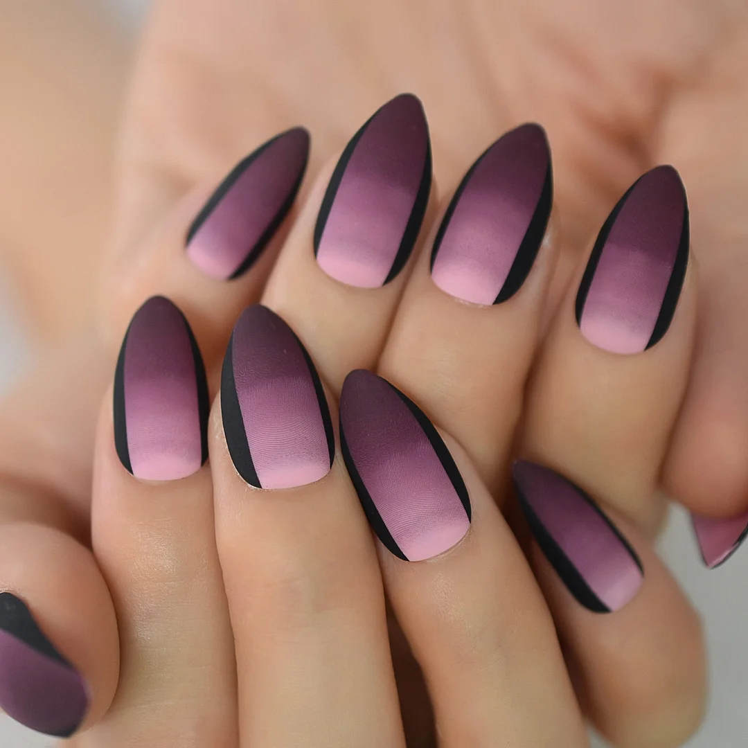 Stair Purple Gradient Original Design Black Edge Medium-Short Sharp Almond Shape Light To Dark Gels Nails Art Flase Fingernails-Nail Inspo