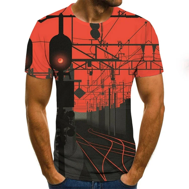 3D Station Track Pattern Crew Neck Casual Short Sleeve Men's T-Shirts at Hiphopee