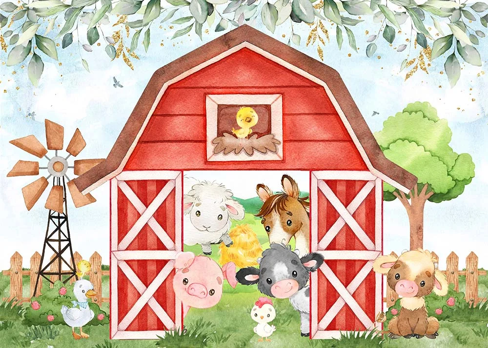 Red Farm And Animals Happy Birthday Party Backdrop RedBirdParty