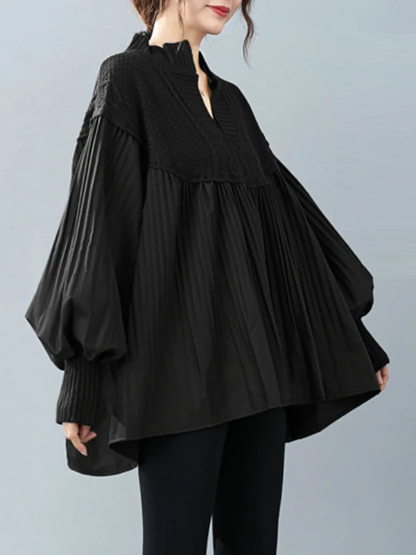 Stylish Knitting Split-Joint Puff Sleeve Shirt Pullover Top