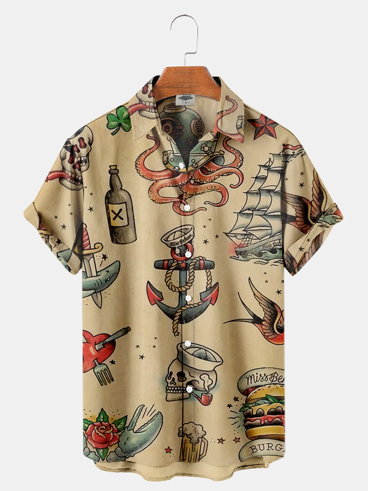 Men's Vintage Halloween Skull Print Regular Sleeve Shirt PLUSCLOTHESMAN