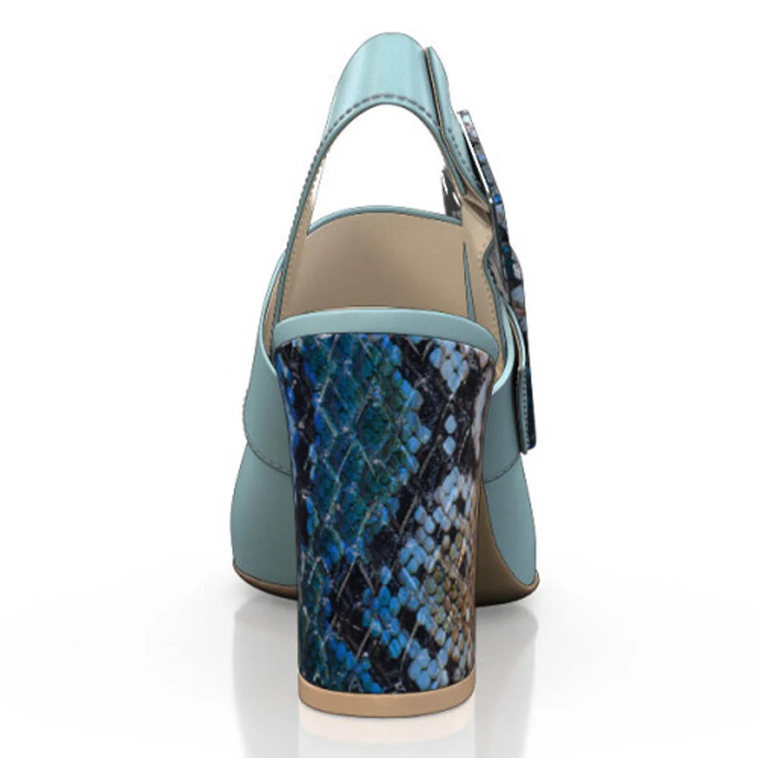 YDN Stylish Light Blue Snakeskin Round Toe Buckle Slingback Heels