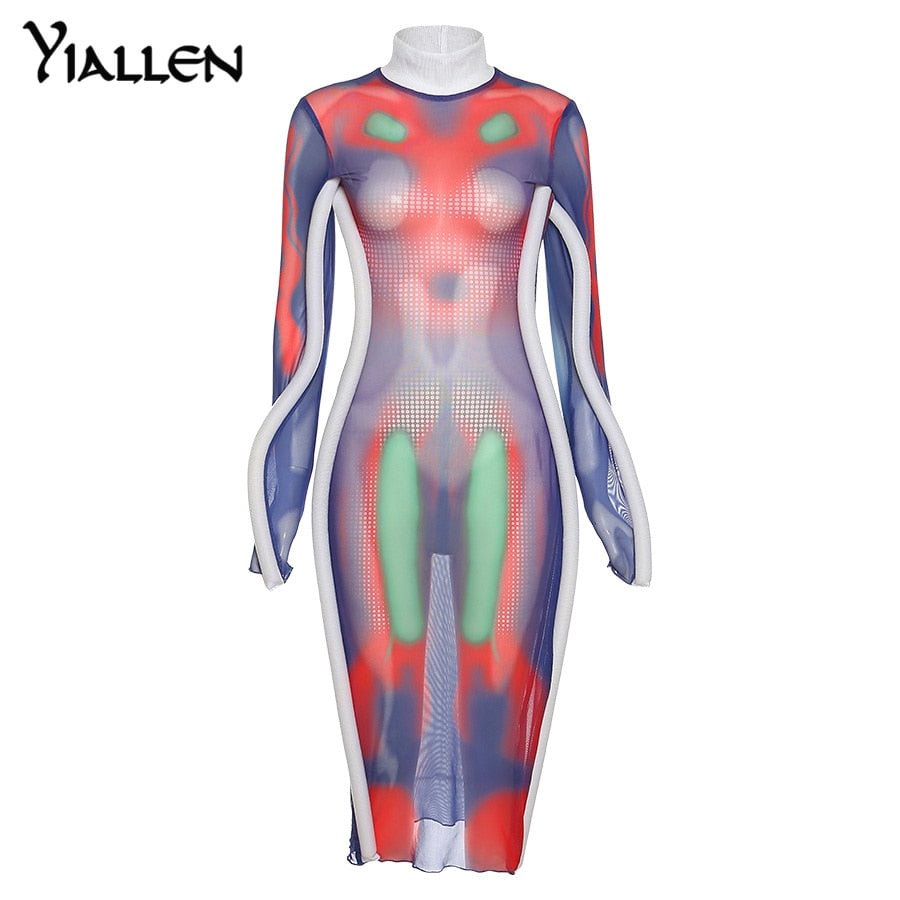 Yiallen Autumn Casual Long Sleeve O Neck Print Mesh Patchwork Y2K Dress Womnen Street Clubwear Female Activewear Stretch Hot