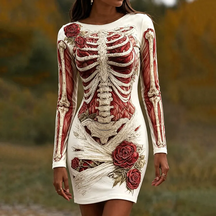 Women's Retro Human Anatomy Rose Art 3d Printing Bodycon Mini Dress