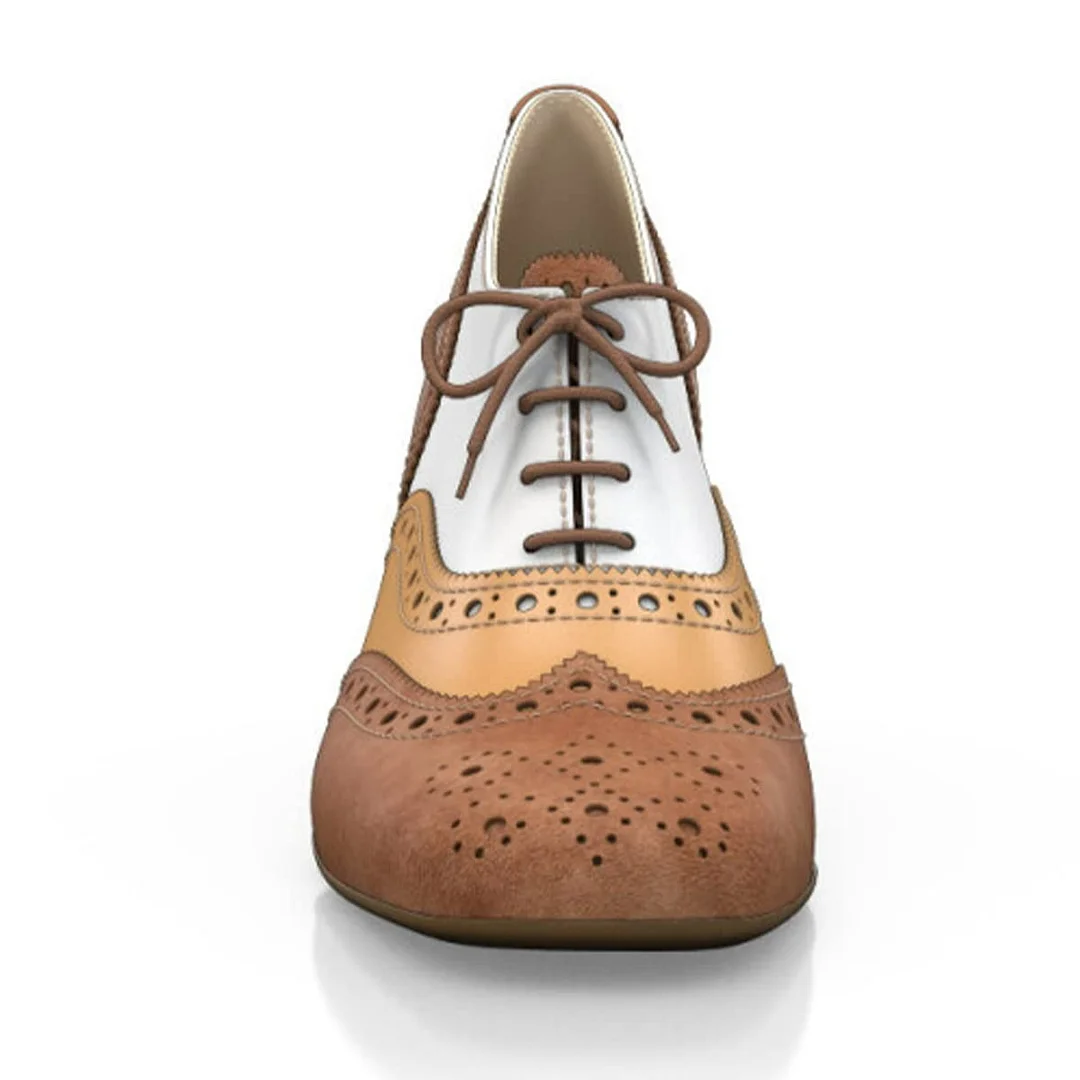Brown and White Round Toe Perforated Pattern Women's Oxfords