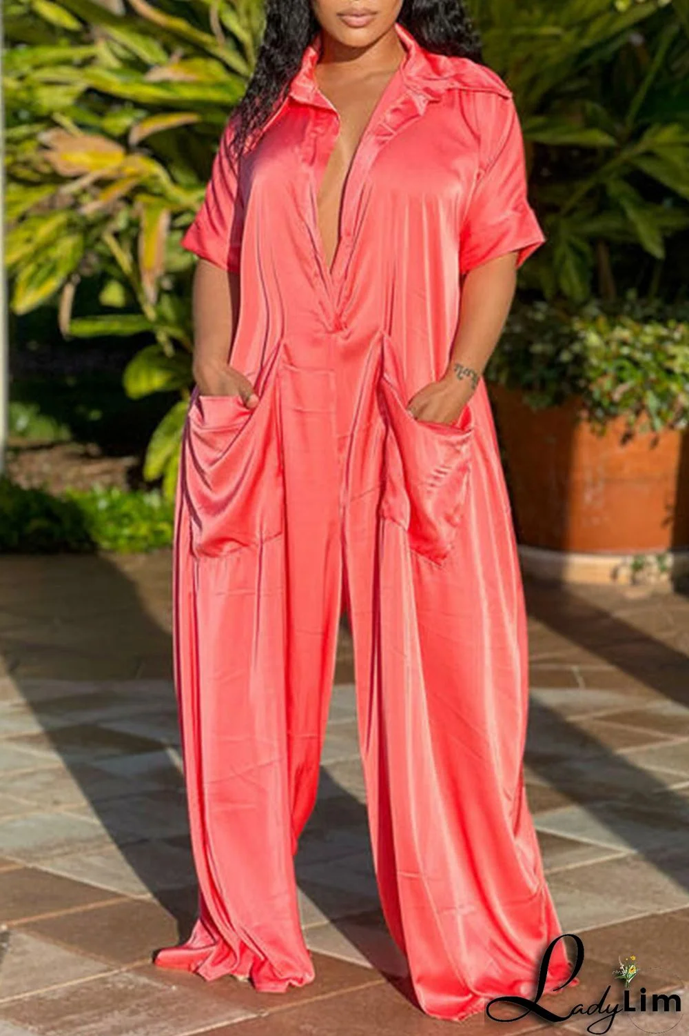 Black Casual Solid Patchwork Turndown Collar Loose Jumpsuits