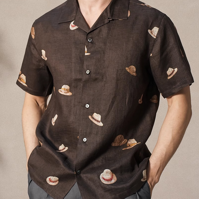 Men's Linen Panama Hat Print Cuban Collar Short Sleeve Hawaiian Shirt