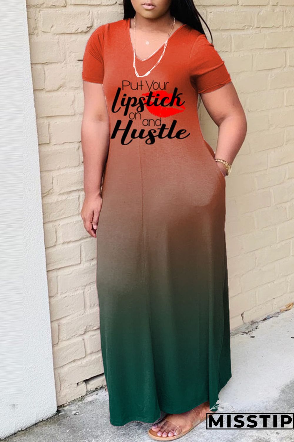 Green Fashion Casual Gradual Change Letter Print Basic V Neck Short Sleeve Dress
