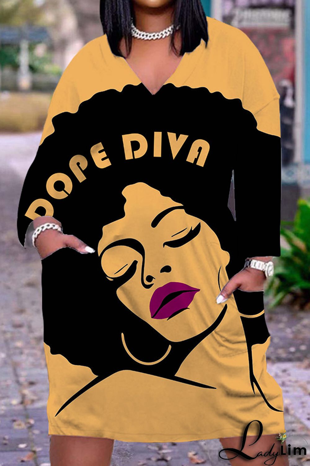 Black Yellow Fashion Casual Print Patchwork V Neck Long Sleeve Dresses