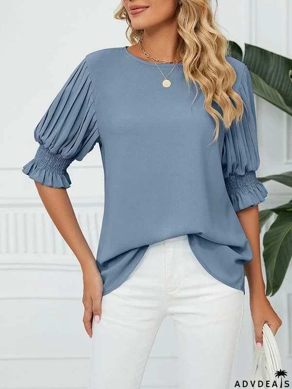 Loose Puff Sleeves Pleated Solid Color Round-Neck T-Shirts Tops